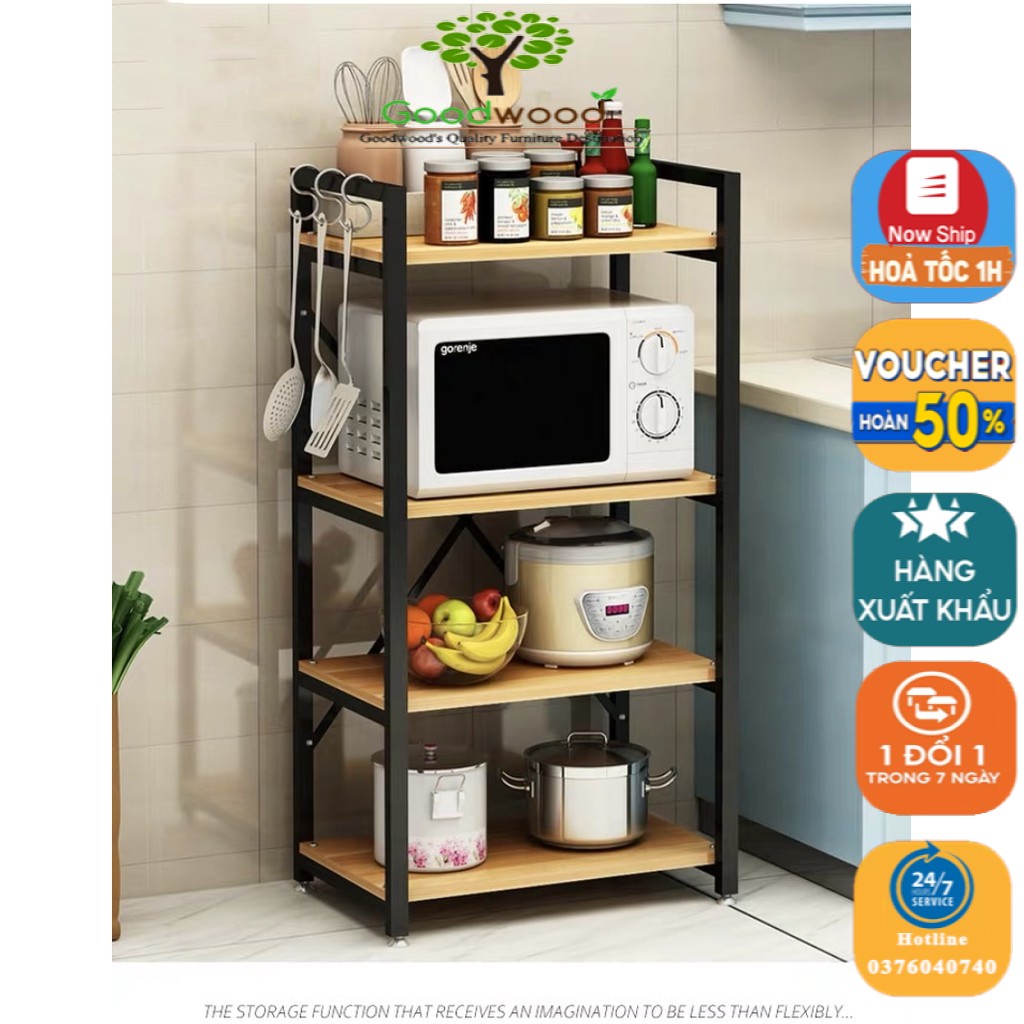 Kệ Để Lò Vi Sóng 4 Tầng Tiện Ích - Kệ Để Đồ Đa Năng Khung Sắt, Sàn Gỗ Cực Chắc Chắn