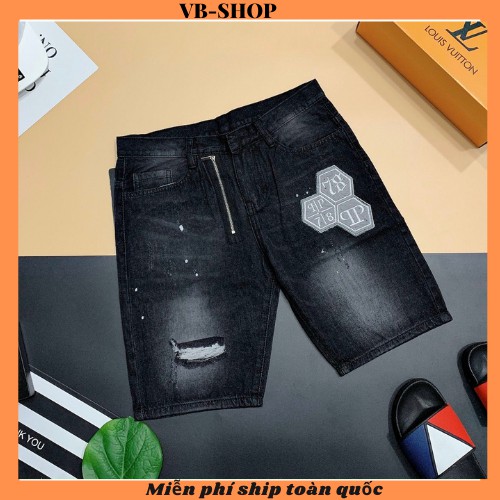 Quần short jean nam cao cấp giá rẻ màu xám đậm co giãn vài dày dặn thêu logo nổi độc lạ chuẩn VB-SHOP009