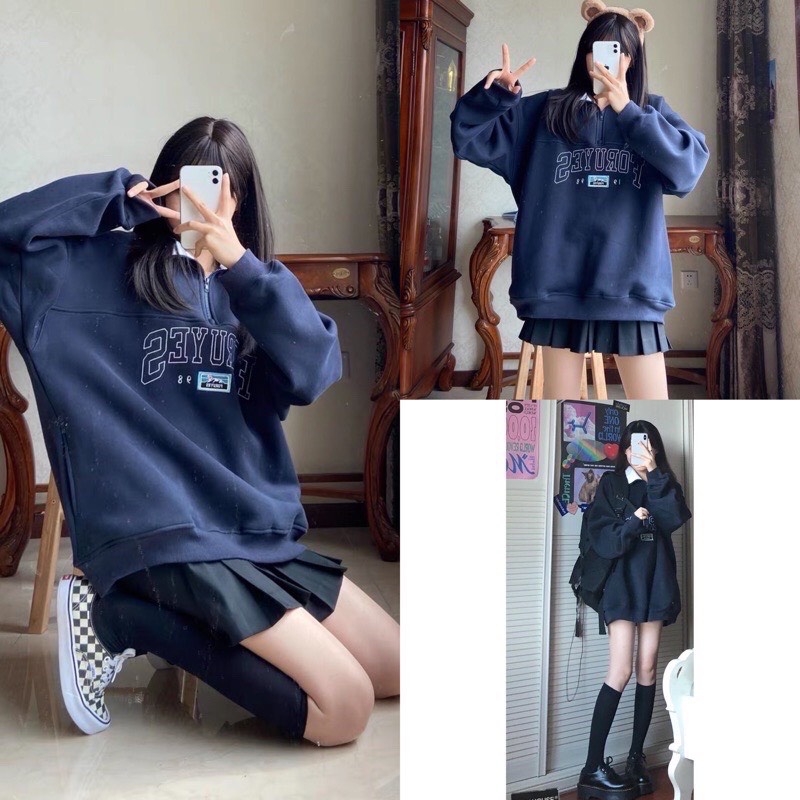 Áo nỉ Sweater nữ size dưới75kg tay bồng Unisex, áo nỉ cổ cao Polo chất nỉ ngoại in chữ siêu đẹp