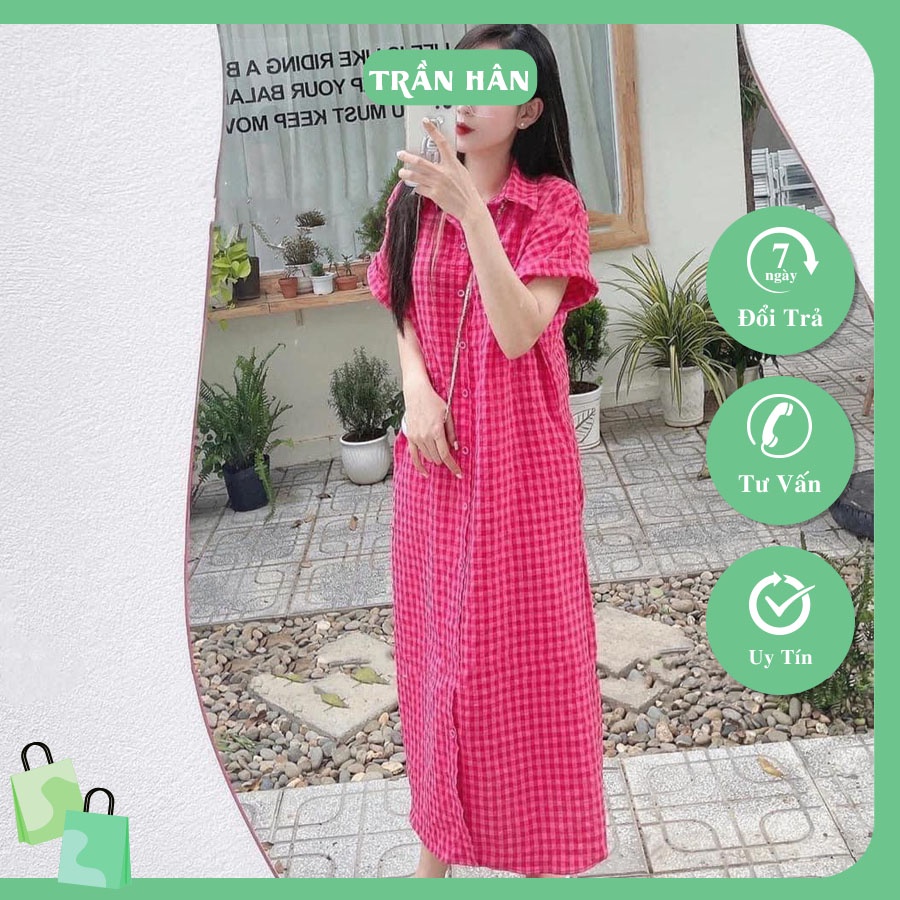 Váy sơ mi nữ họa tiết caro tay lở thời trangI Trần Hân Shop 3007315