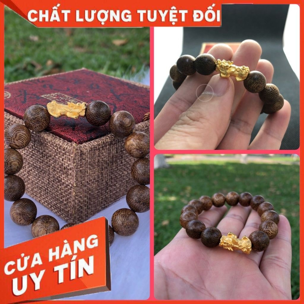 Vòng tay trầm hương hạt tròn mix tỳ hưu đồng thau mạ vàng cho nam và nữ đủ size từ 8mm - 16mm