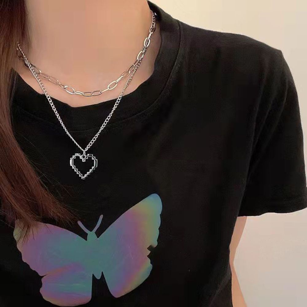 Vòng cổ thép titan nhiều lớp mặt hình trái tim/gấu phong cách Hàn Quốc cổ điển cho nữ