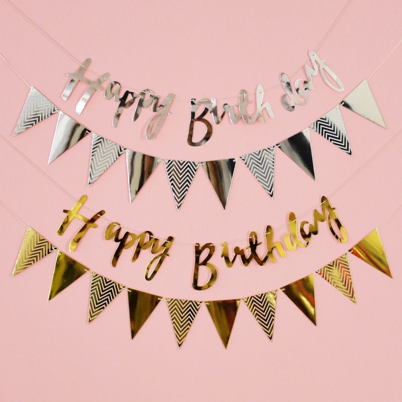 Dây happy birthday + dây cờ tam giác ép kim trang trí tiệc