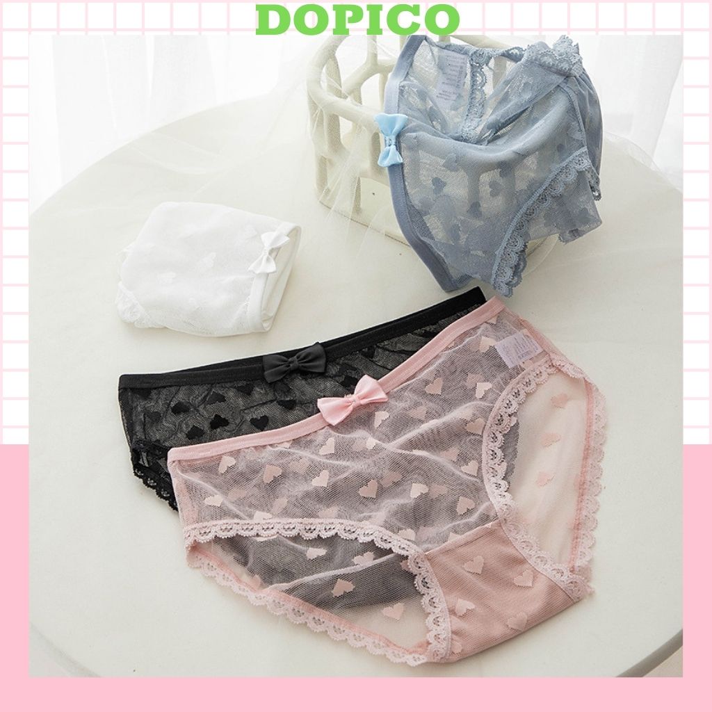 Quần lót nữ ren lưới cao cấp siêu mỏng sexy gợi cảm họa tiết trái tim đính nơ quyến rũ DOPICO L256