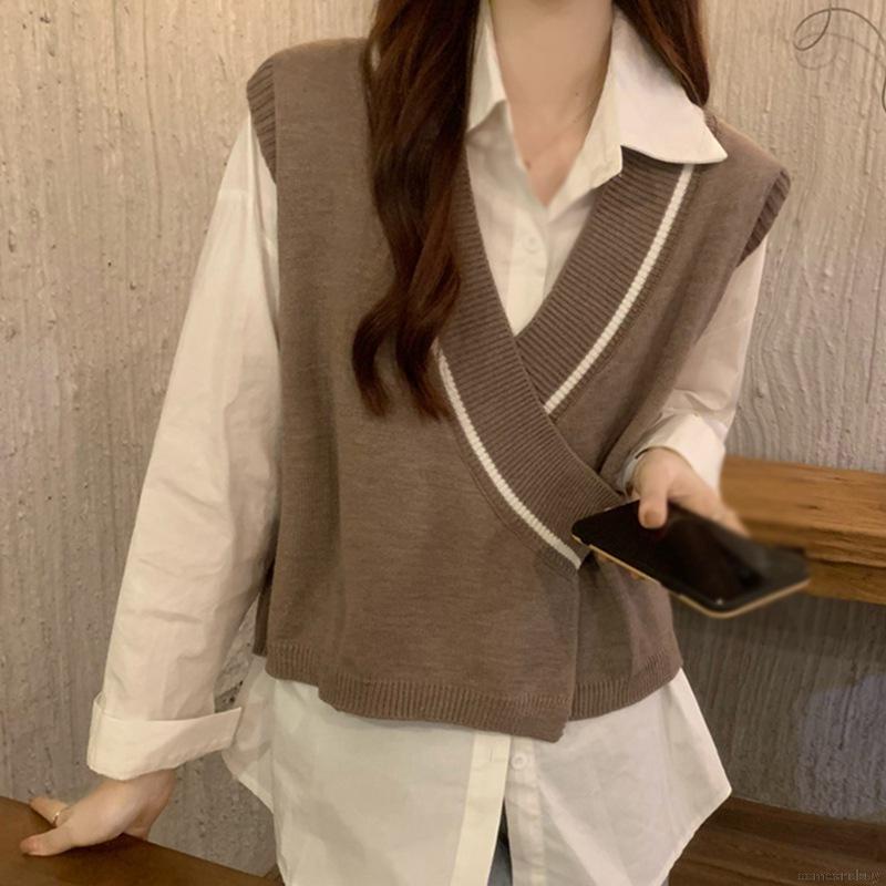 Áo Khoác Len Cardigan Sát Nách Cổ Chữ v Màu Sắc Tương Phản Phong Cách Hàn Quốc Cho Nữ | BigBuy360 - bigbuy360.vn