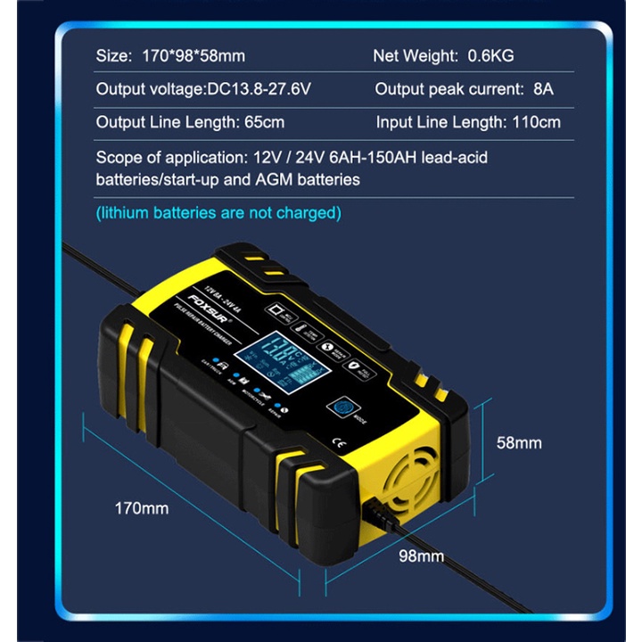 Sạc bình ắc quy 12V 24V 6Ah - 150Ah FOXSUR tự ngắt khi đầy chức năng bảo dưỡng phục hồi ắc quy bằng khử sunfat