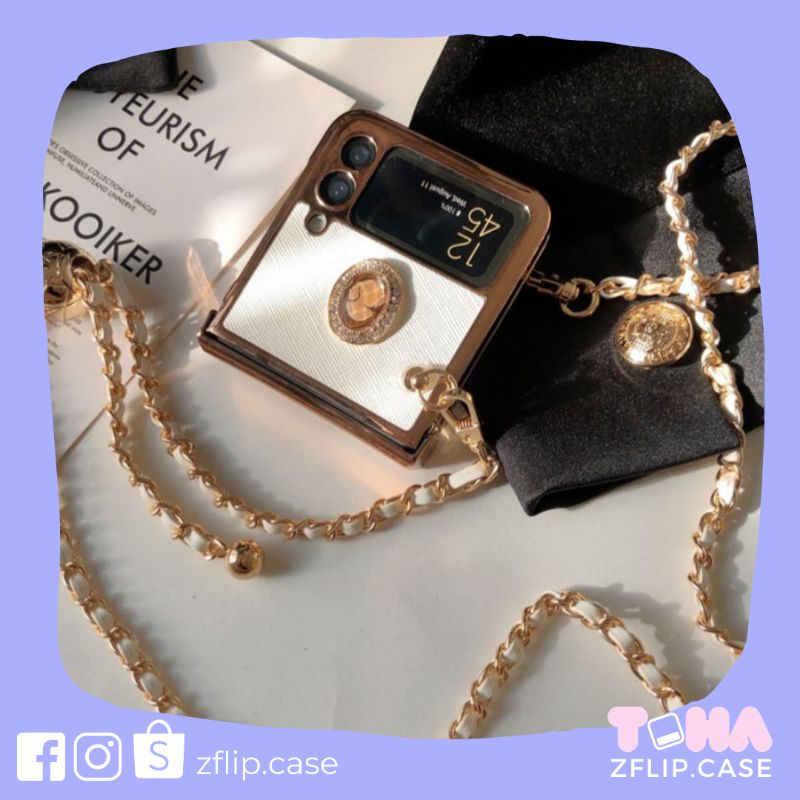 [HÀNG MỚI] Ốp Samsung Z Flip 3 / Z Flip3 / ZFlip3 da trắng viền vàng ánh kim mặt đá sang trọng