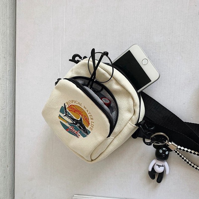 Túi đeo chéo Mini đựng điện thoại có khóa kéo in hình cá mập phong cách Hàn Quốc thời trang cho nam và nữ