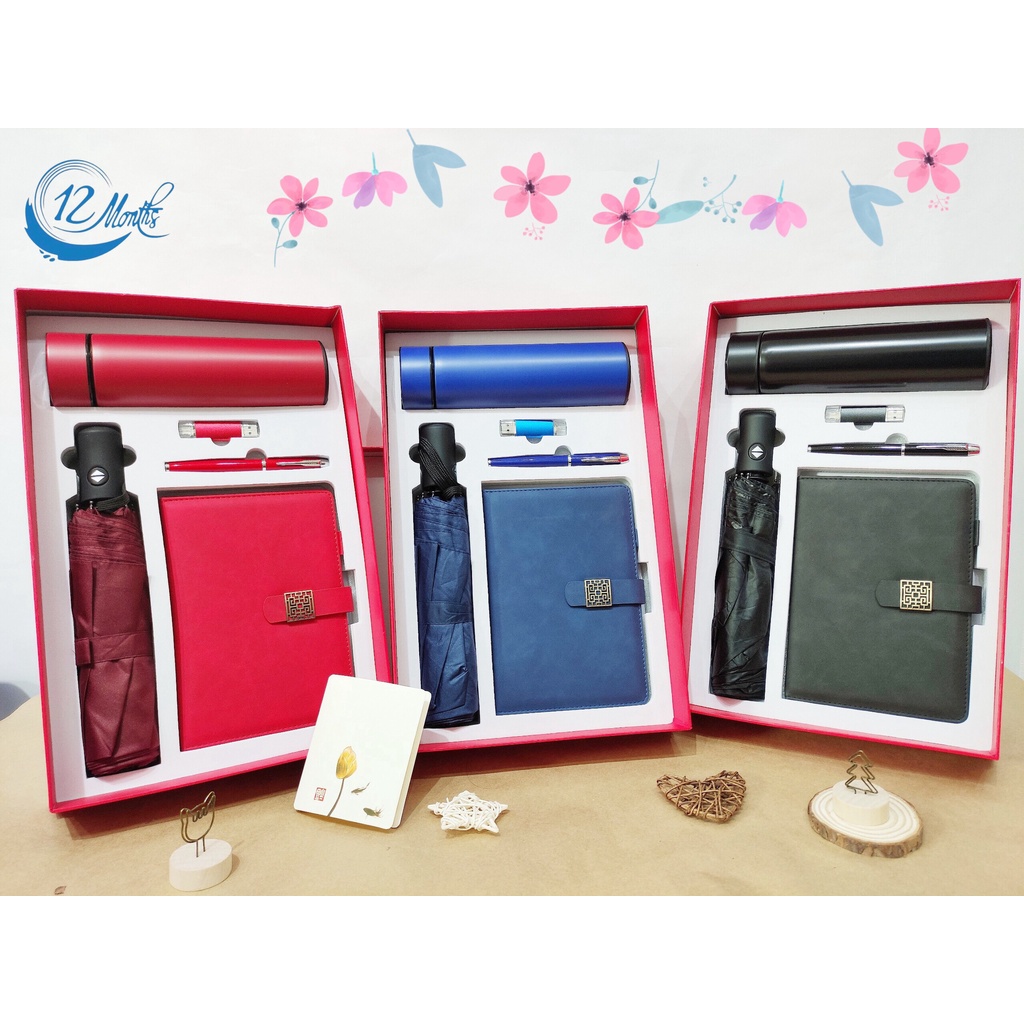 Combo 5 sản phẩm cao cấp sổ, bút, USB, ô, bình giữ nhiệt