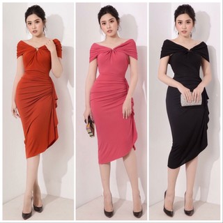 Đầm body bẹt vai nhún bèo eo