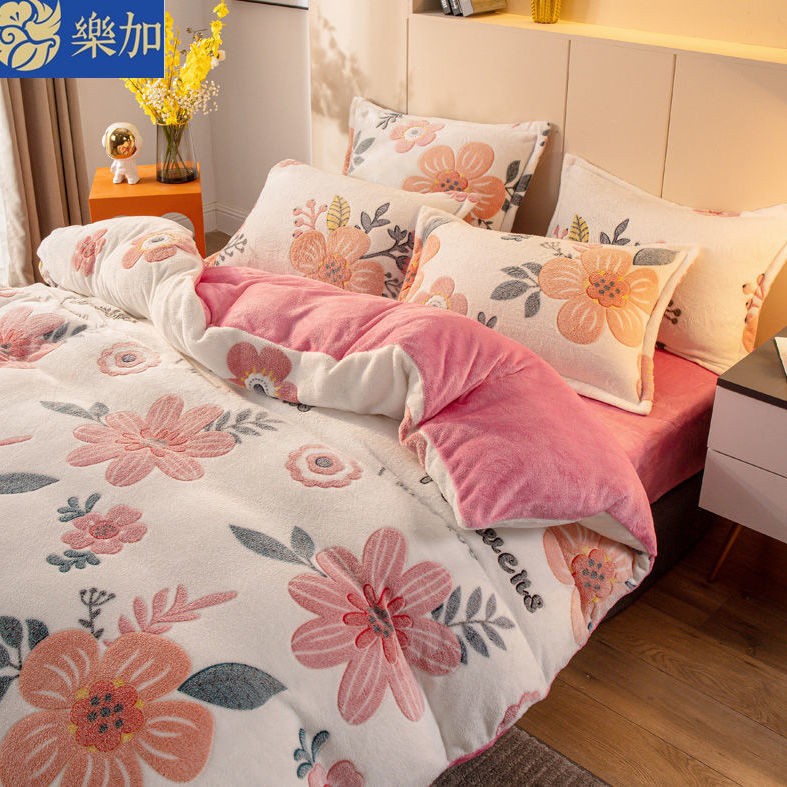 🎉🎉Bộ Chăn Ga Vỏ Gối Vải Lông Cừu San Hô Dày Hai Mặt Giữ Ấm Mùa Thu Đông
