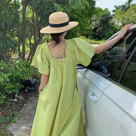 Đầm Dài Qua Gối Cổ Vuông Dáng Rộng Thời Trang Cho Nữ