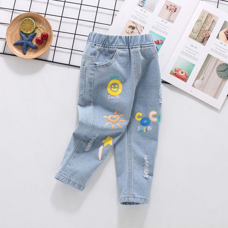 Quần jeans dài họa tiết nhiều màu sắc mẫu 2021 thời trang mùa xuân dành cho bé gái