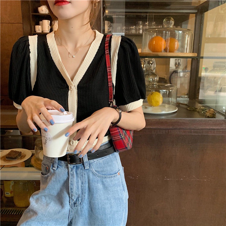 Áo cardigan dệt kim tay ngắn cổ chữ V phối màu tương phản phong cách Hàn Quốc thời trang mùa hè 2020 mới cho nữ | BigBuy360 - bigbuy360.vn