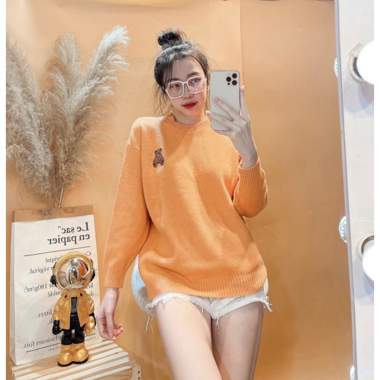 Áo Len Nữ Ms.7911 Áo Len Trơn Thêu Họa Tiết Gấu Xinh Sắn, Dáng Dấu Quần, Chất Len Dày Ấm