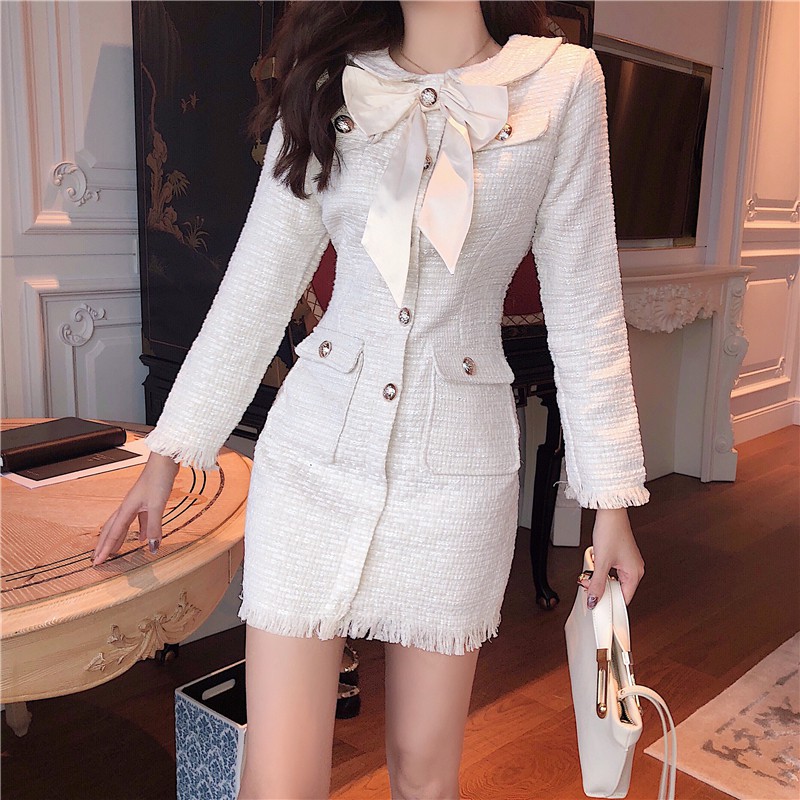 Váy dạ tweet cổ nơ