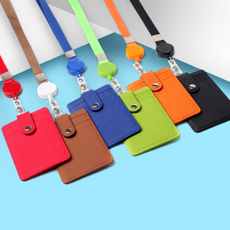 Retractable Lanyard ID Card PU Leather Bag / Unisex Card Holders Cover / Office Neck Hanging Strap