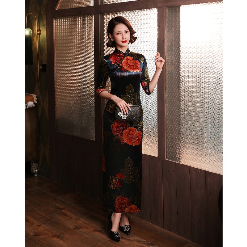 Đầm Sườn Xám Cách Tân Vải Nhung Tay Dài Kiểu Vintage 4 Màu Sắc Cỡ Lớn Thời Trang Cho Nữ Size S-5XL