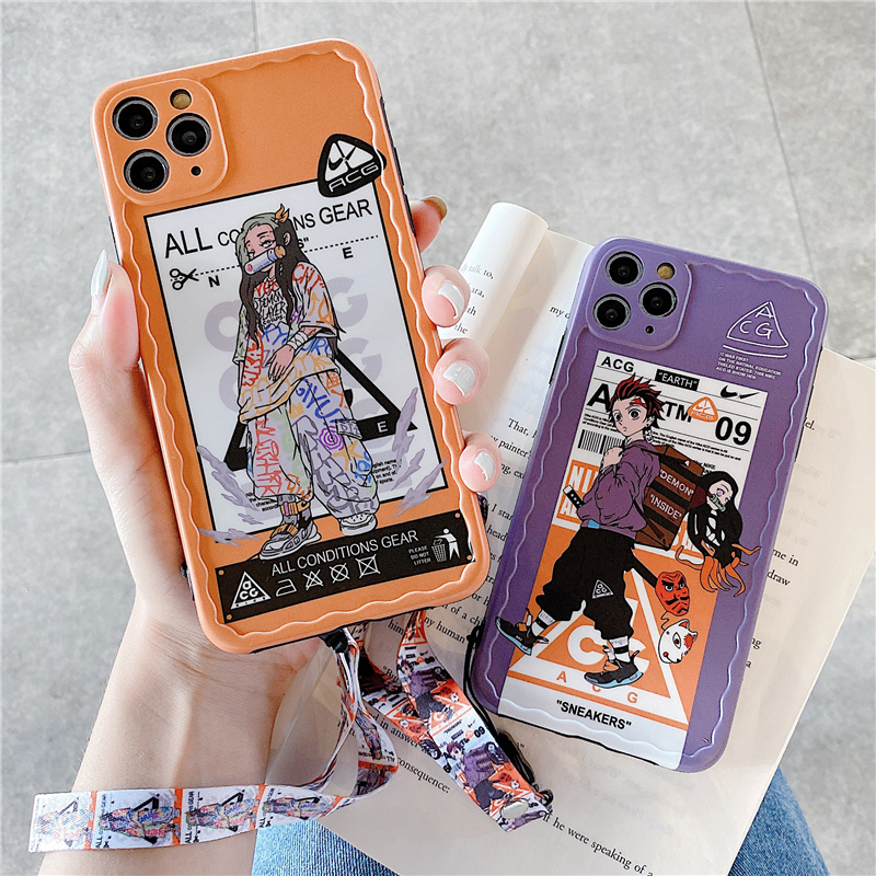 Ốp điện thoại dẻo có dây đeo in hình anime Demon Slayer cho iPhone SE2 11 Pro MAX XS XR 7 8 Plus