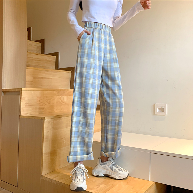 SUXI Quần Dài Lưng Cao Ống Rộng Họa Tiết Sọc Caro Cho Nữ