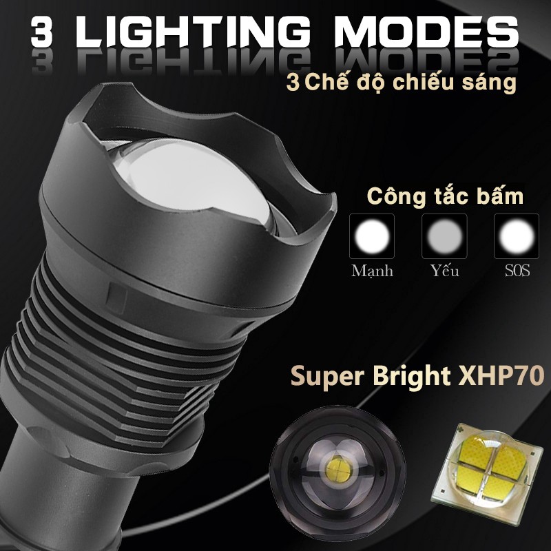 Đèn Pin XHP70 LED siêu sáng pin 26650 dung lượng lớn chuyên dụng cho các hoạt động ngoài trời (chuẩn loại 1, pin tốt)