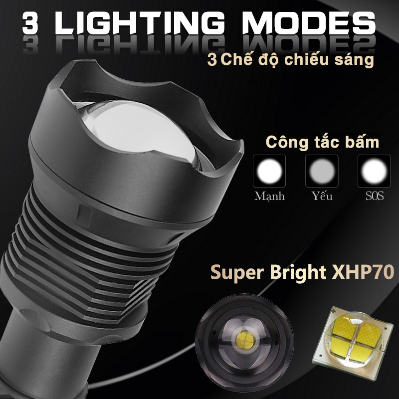 Đèn Pin XHP70 LED siêu sáng pin 26650 dung lượng lớn chuyên dụng cho các hoạt động ngoài trời (chuẩn loại 1, pin tốt) | BigBuy360 - bigbuy360.vn