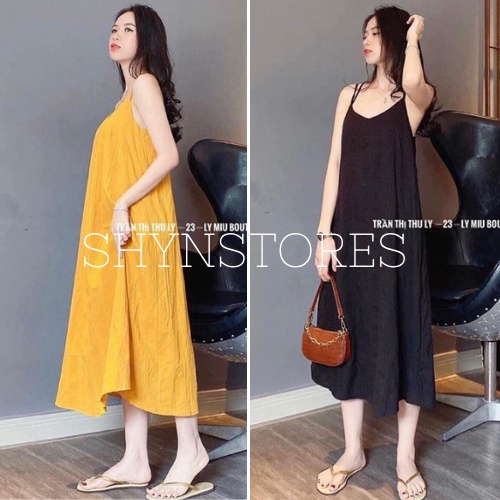 Váy maxi 2 dây Shynstores , Váy maxi đan lưng vải đũi lụa mềm mịn siêu mát họa tiết trơn mặc đi biển