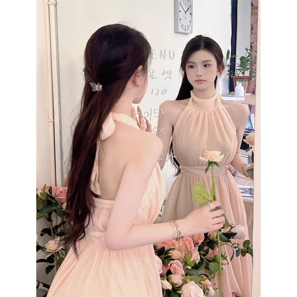 Váy voan dáng dài xòe cổ yếm cột dây