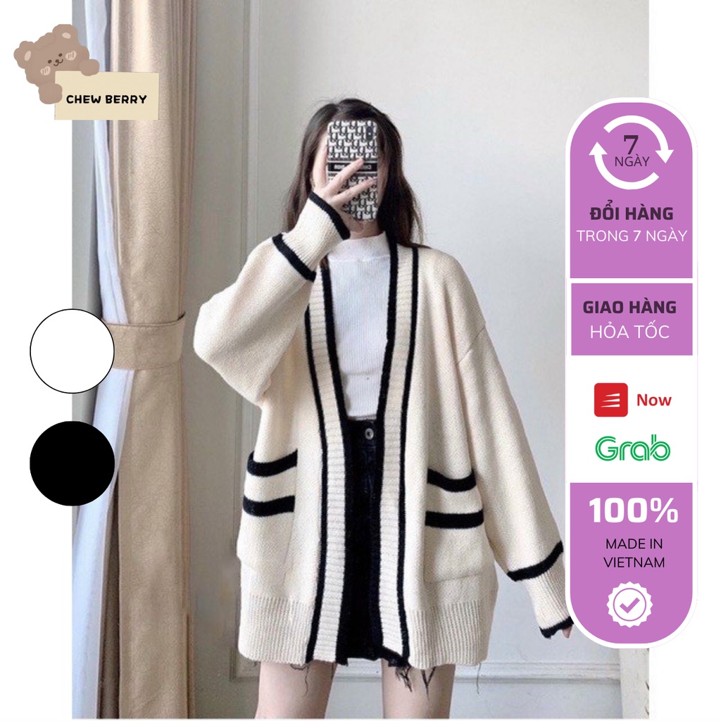 [Mã FADEP0610 giảm 10K đơn 99K] Áo Khoác Cardigan Nỉ Nữ Dày Sọc Đen Trắng Có Túi Form Rộng | BigBuy360 - bigbuy360.vn