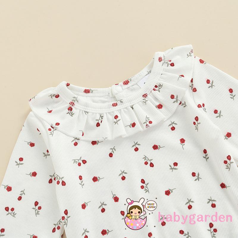 Set 2 món áo liền quần tay dài in hoa phối bèo màu sắc dễ thương thời trang xuân thu cho bé gái