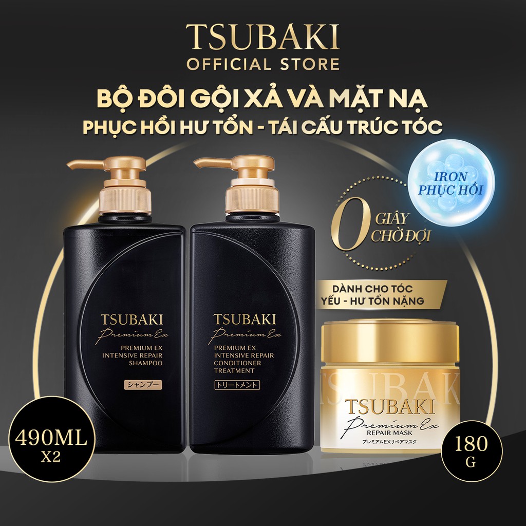 Combo Gội-Xả &amp; Mặt nạ tóc Phục hồi hư tổn nặng &amp; giảm gãy rụng -Tsubaki Premium EX Intensive Repair (490mlx2+180g)
