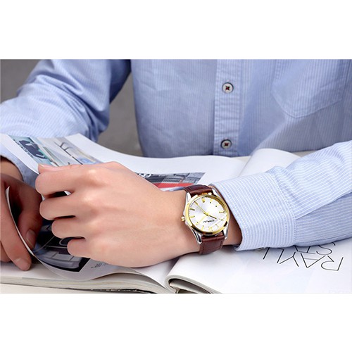 Đồng hồ Crrju 2116g có dây đeo bằng da không thấm nước thiết kế thời trang cho nam