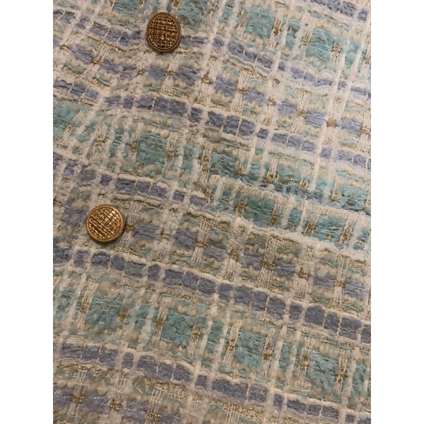 Áo Khoác Dạ Tweed Dáng Dài Xanh Ngọc Cúc Vàng