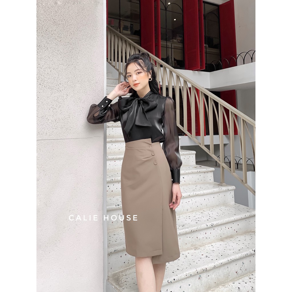 Chân váy dáng dài nữ dáng A cạp cao vạt lệch đính cúc thanh lich thời trang công sở Calie House CV23 | BigBuy360 - bigbuy360.vn