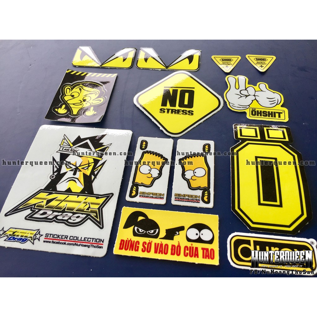 Bộ 13 logo vàng trắng, decal dán xe máy, nón bảo hiểm... Sticker chống nước, bền màu. Hình dán chống nước