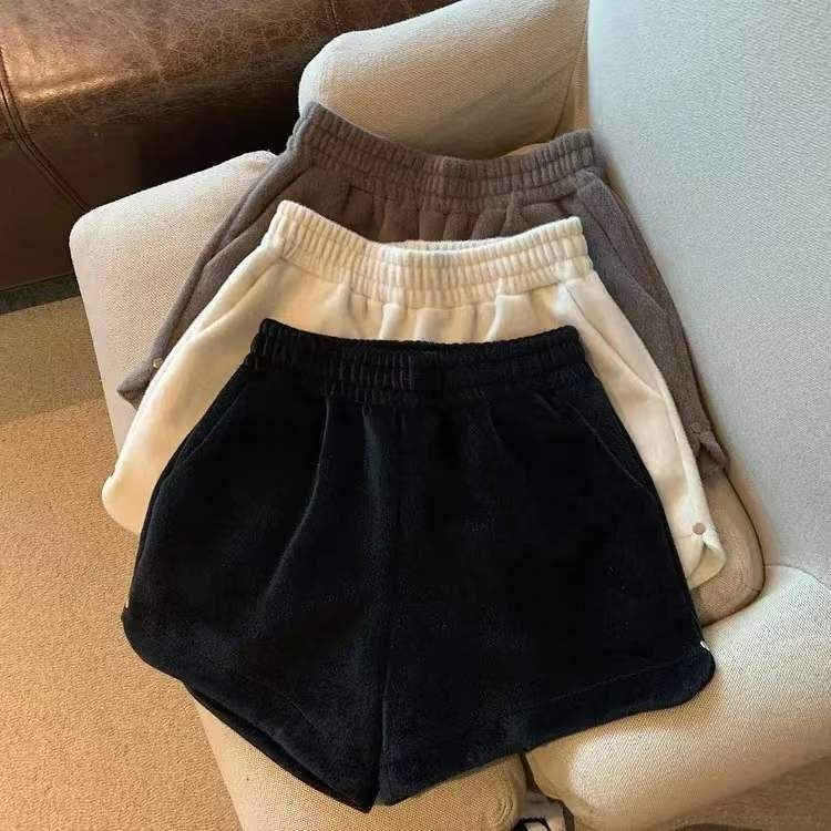 Quần short RENJIANVSHENG len trơn ống rộng thời trang đơn giản