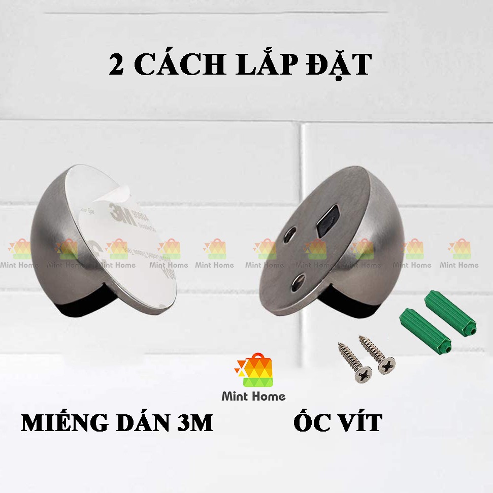 Chặn cửa bán nguyệt inox siêu hít nam châm chống va đập, ồn thông minh cho bé gắn sàn kèm miếng dán tường 3M, đồ ốc vít