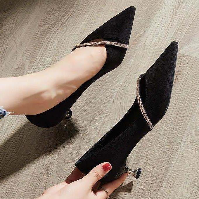 3 Cm Stilettos Fashion Low Heel Pointed Toe Single Shoes Female Stiletto Black French Temperament Small High Heels 3Cm P