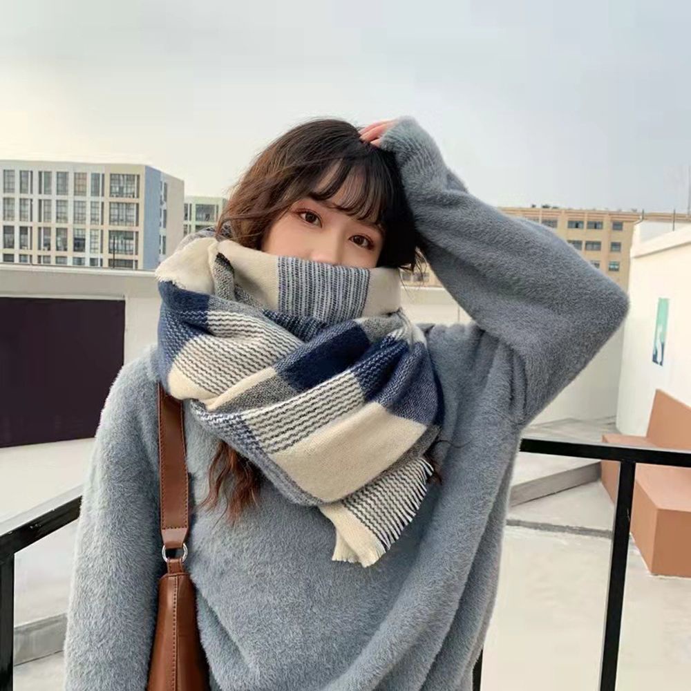 Khăn choàng cổ dài kẻ sọc caro chất liệu cashmere mềm mại thời trang thu đông phong cách Hàn Quốc cho nữ
