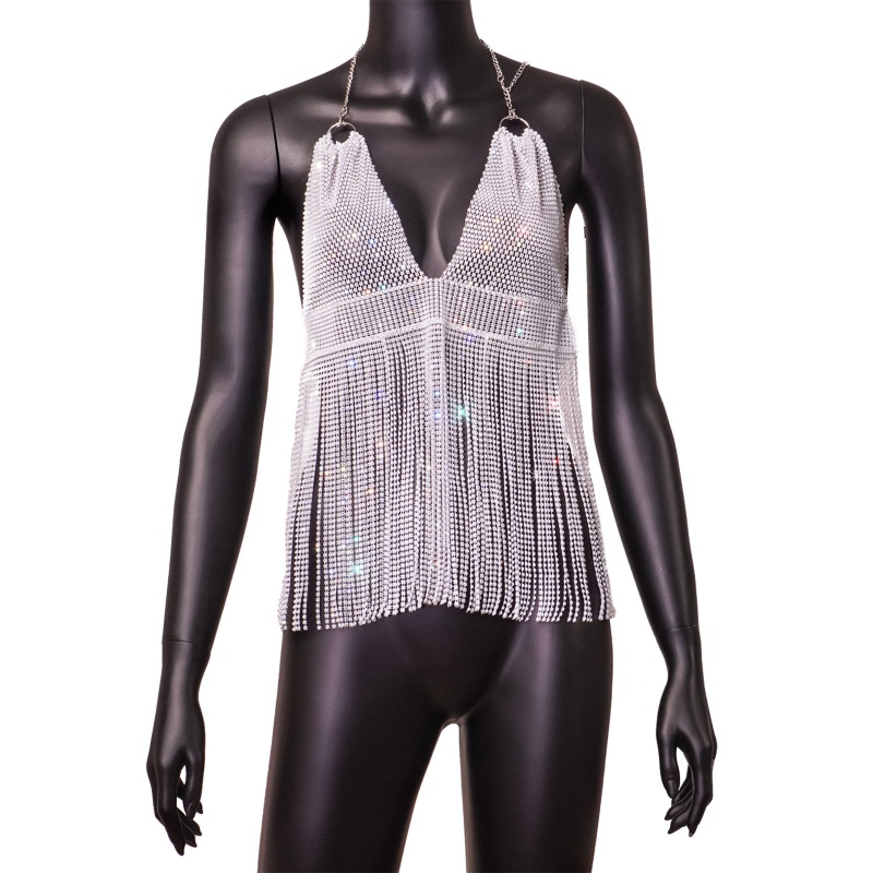 Brroa Áo Crop Top Lưới Cá Hở Lưng Đính Đá Lấp Lánh Gợi Cảm Mùa Hè Cho Nữ