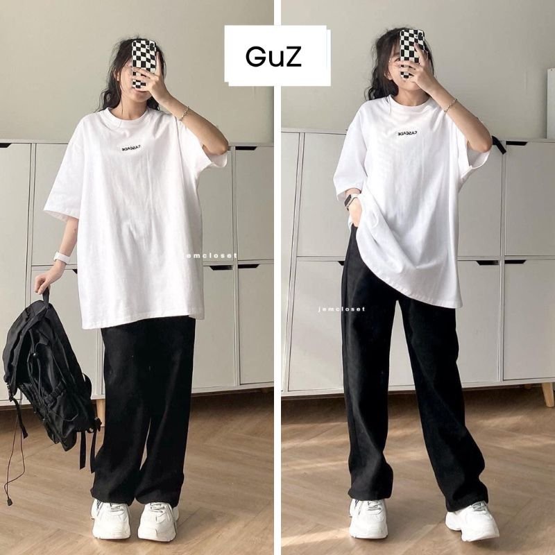Set áo thun basic chữ CASADE form rộng tay lửng phối cùng quần kaki trơn dáng suông dài ống rộng mặc đi học đi chơi GuZ
