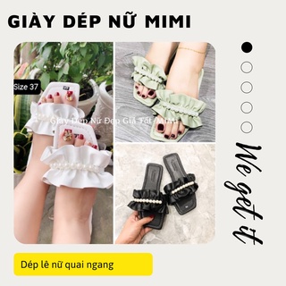 Dép lê nữ quai ngang nhún bèo ngọc, dép bánh bèo hottrend màu xanh trắng đen MIMI