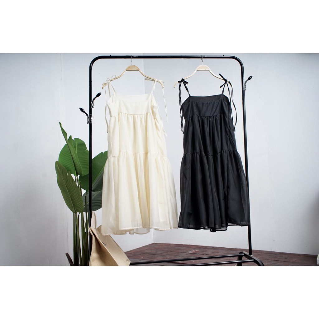 Đầm 2 dây voan tơ buộc vai 2 lớp (đen, be) - Váy 2 dây buộc vai dẽ thương | BigBuy360 - bigbuy360.vn