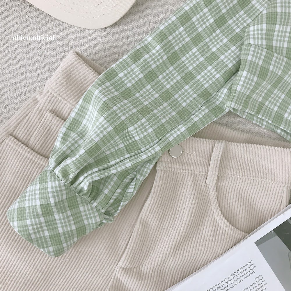 Áo Croptop Caro Tay Dài Xanh Lá Nhienvintage BA67