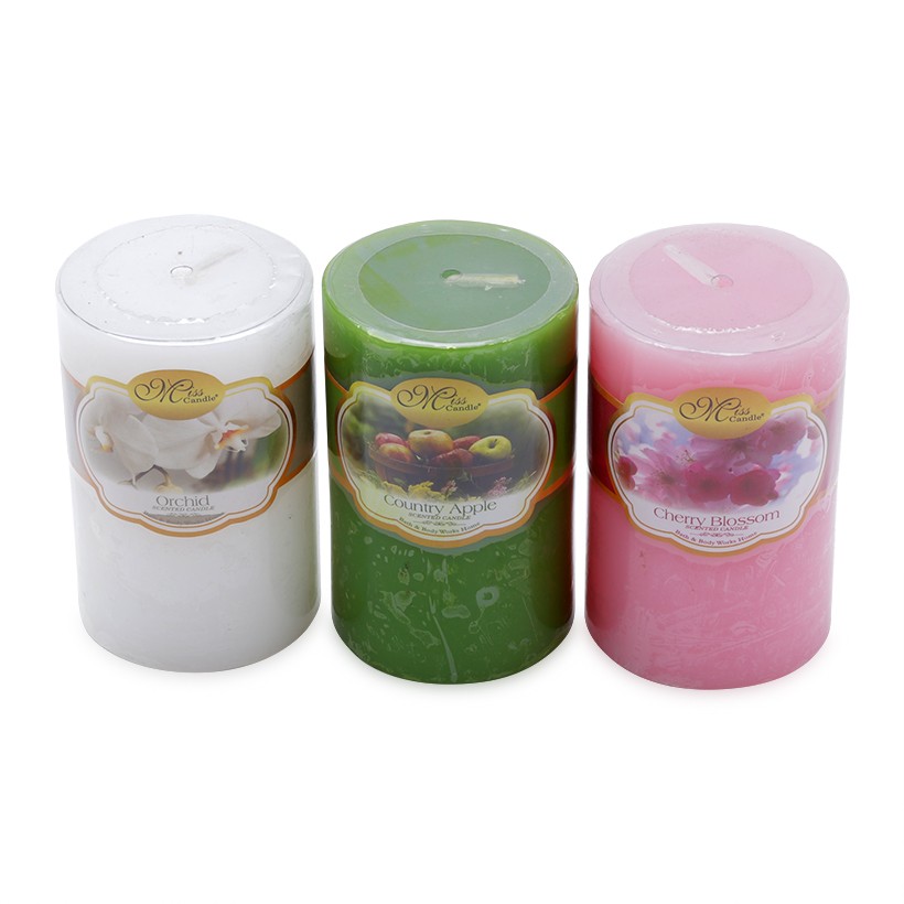 Set 3 nến thơm trụ tròn D5H8 Miss Candle FtraMart NQM0819 (5 x 8 cm) (Trắng-hồng-xanh lá)