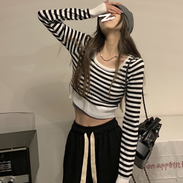 Áo len ZHELIHANGFEI tay dài họa tiết sọc ngang thời trang cho nữ