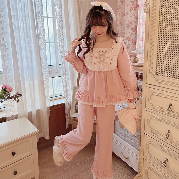 Bộ Đồ Ngủ Tay Dài Cổ Vuông Màu Trơn Dễ Thương Phong Cách Nhật Bản Thời Trang Xuân Thu Cho Nữ