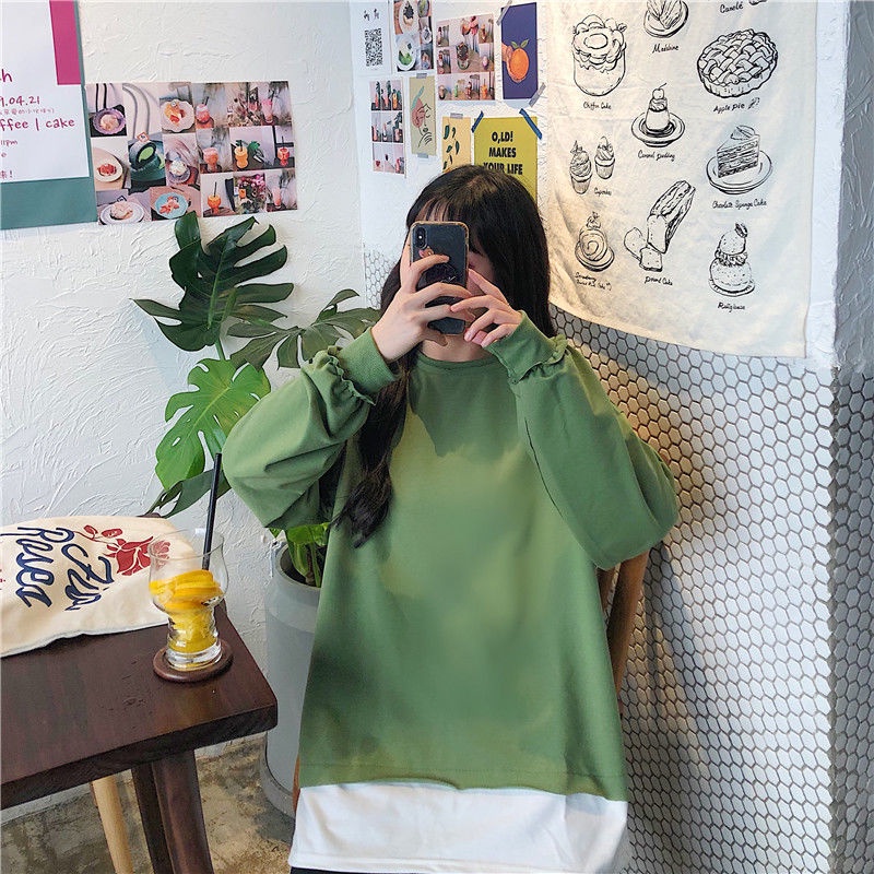 ZHELIHANGFEI Áo Thun Tay Dài Giả Hai Lớp Phong Cách Preppy Dễ Phối Đồ