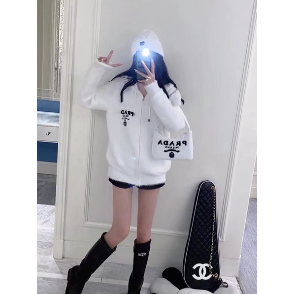 Áo hoodie mũ Par khóa mũ áo khoác ngoài nữ