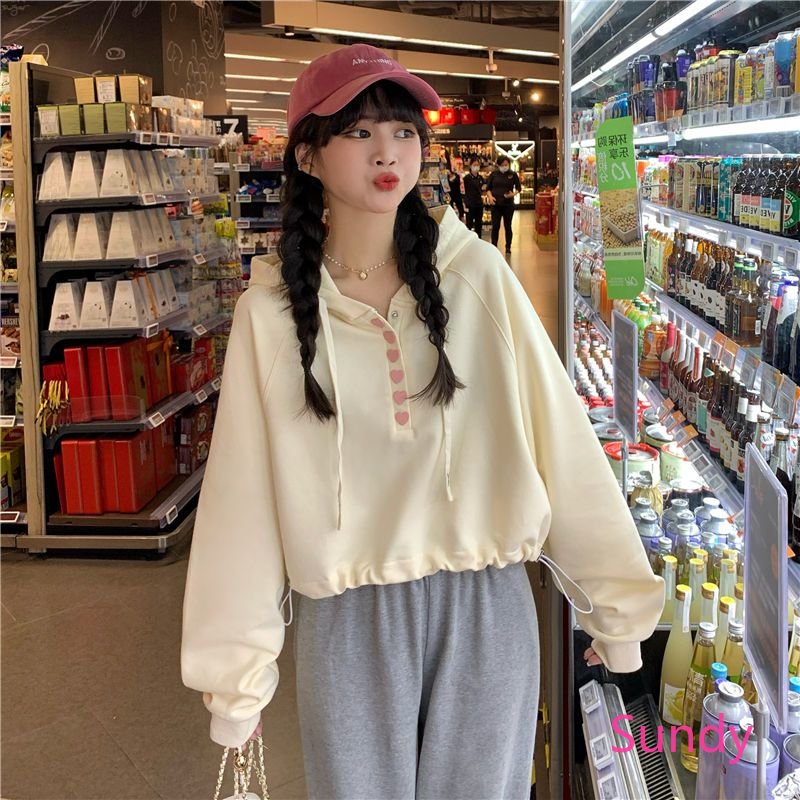 Áo Hoodie Dài Tay Dáng Rộng Eo Cao Phối Dây Rút Thời Trang Mùa Thu Hàn Quốc Dành Cho Nữ